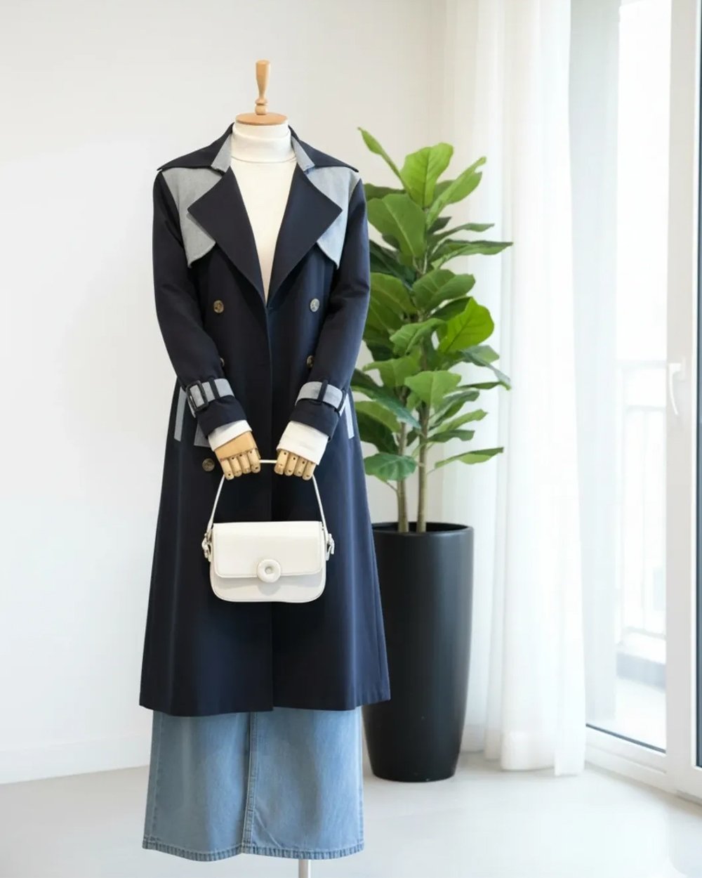 Manteau Tranche Impermeable Col Jeans